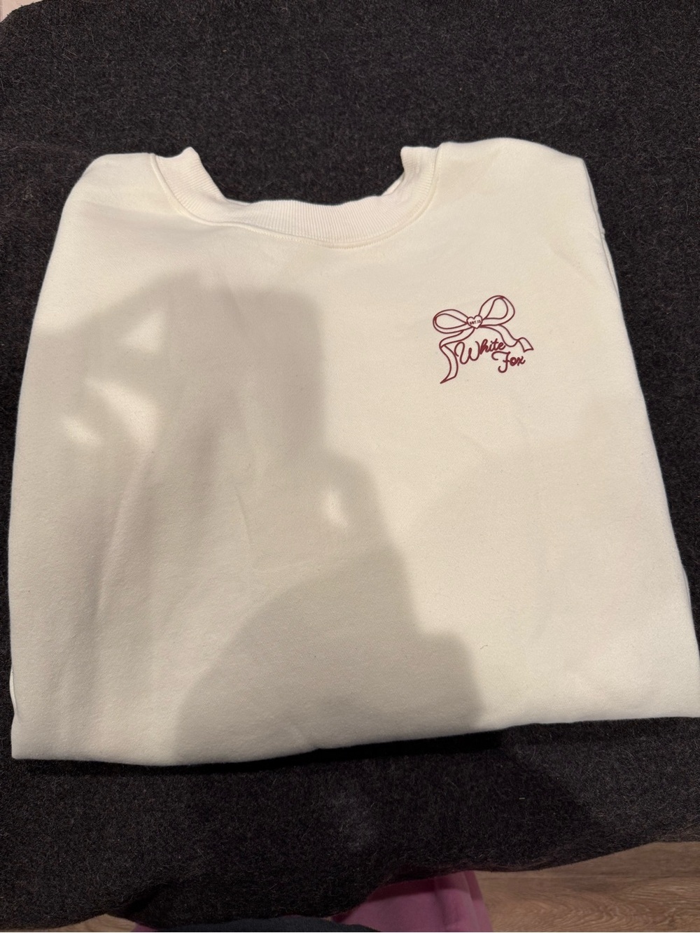 White Fox Boutique Cream Sweatshirt with Maroon Bow Logo